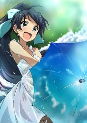 Rule 34 | 1girl, :d, absurdres, black hair, blue eyes, blue umbrella, bow, collarbone, day, dress, earrings, fang, floating hair, ganaha hibiki, hair bow, highres, holding, holding umbrella, idolmaster, idolmaster (classic), jewelry, long hair, open mouth, outdoors, see-through, sleeveless, sleeveless dress, smile, solo, sparkle, standing, sundress, swept bangs, tokiani, umbrella, very long hair, wet, wet clothes, wet dress, white bow, white dress