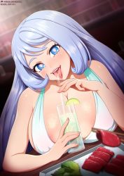 Rule 34 | 1girl, alternate costume, areola slip, bar (place), blue eyes, blue hair, blurry, blurry background, blurry foreground, blush, boku no hero academia, breast rest, breasts, breasts on table, chopsticks, cleavage, commentary, cup, dress, drink, drinking, drinking straw, dutch angle, english commentary, eyelashes, food, fruit, hadou nejire, head tilt, heart, heart-shaped pupils, holding, holding cup, indoors, large breasts, light blue hair, lime (fruit), lime slice, lips, long hair, looking at viewer, neocoill, open mouth, patreon username, sleeveless, sleeveless dress, smile, solo, swept bangs, symbol-shaped pupils, table, tongue, tongue out, upper body, watermark, web address, white dress