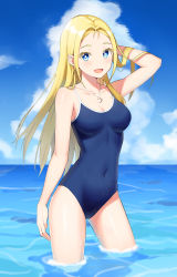 Rule 34 | 1girl, a-fei z, absurdres, blonde hair, blue eyes, blue one-piece swimsuit, blue sky, breasts, cloud, colored eyelashes, competition school swimsuit, covered navel, day, hair intakes, highres, horizon, jewelry, kofune ushio, long hair, medium breasts, necklace, one-piece swimsuit, outdoors, school swimsuit, shell, shell necklace, sky, soaking feet, solo, standing, summertime render, swimsuit, thighs, very long hair, water