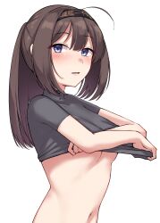 Rule 34 | 1girl, absurdres, ahoge, akizuki (kancolle), black hair, black headband, black shirt, blue eyes, blush, breasts, brown hair, clothes lift, clothes writing, hachimaki, hair between eyes, headband, highres, kantai collection, kiritto, lifted by self, long hair, looking at viewer, medium breasts, parted lips, ponytail, shirt, shirt lift, short sleeves, sidelocks, simple background, solo, upper body, white background