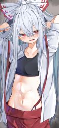 Rule 34 | 1girl, absurdres, bow, cowboy shot, crop top, fujiwara no mokou, hair bow, hand in own hair, highres, long hair, long sleeves, looking at viewer, navel, open clothes, open mouth, open shirt, pants, red eyes, red pants, shirt, solo, standing, stomach, suspenders, sweat, touhou, tsune (tune), white hair, white shirt