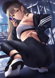 Rule 34 | 1girl, ass, ass focus, bare shoulders, black headwear, black jacket, black pants, blush, breasts, brown hair, can, closed mouth, ear piercing, from behind, hat, highres, holding, holding can, jacket, long hair, long sleeves, looking at viewer, looking back, medium breasts, mhru, midriff, off shoulder, original, pants, piercing, red bull, shoes, sports bra, squatting, thighs, white footwear, yellow eyes