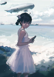 Rule 34 | 1girl, absurdres, aircraft, bare arms, beach, black eyes, black hair, chromatic aberration, closed mouth, cloud, cloudy sky, commentary, dirigible, dress, english commentary, feet out of frame, from side, hair bun, highres, holding, holding phone, looking at viewer, looking to the side, ocean, original, outdoors, phone, ship, single hair bun, sky, sleeveless, sleeveless dress, smile, solo, watercraft, white dress, zygocactus