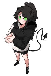Rule 34 | 1girl, absurdres, black footwear, black hair, black hoodie, black nails, black shorts, blush, closed mouth, commentary, commission, demon girl, demon horns, demon tail, drawstring, english commentary, green eyes, highres, hood, hood down, hoodie, horns, long hair, long sleeves, looking at viewer, min lona, multicolored clothes, multicolored hoodie, multicolored nails, nail polish, original, parted bangs, ponytail, puffy long sleeves, puffy sleeves, shoes, short shorts, shorts, smile, solo, tail, thick eyebrows, very long hair, white hoodie, white nails