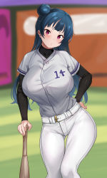 Rule 34 | 1girl, alternate breast size, baseball bat, baseball cap, baseball uniform, belt, black shirt, blurry, blurry background, blush, breasts, closed mouth, gluteal fold, green hair, hair bun, hand on own hip, hat, highres, huge breasts, layered shirt, leaning, leaning on object, leaning to the side, long hair, long sleeves, looking at viewer, love live!, love live! sunshine!!, outdoors, pants, purple eyes, shirt, solo, sportswear, standing, tem10, thigh gap, tsushima yoshiko, uniform, white belt, white pants