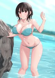 Rule 34 | 1girl, absurdres, aqua bikini, bikini, black hair, blue sky, breasts, cleavage, cloud, commentary request, day, feet out of frame, highres, jouzaburou (joe3), kantai collection, large breasts, looking at viewer, outdoors, red eyes, rock, short hair, sky, soaking feet, solo, standing, swimsuit, takao (kancolle), wading, water