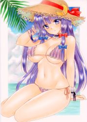 Rule 34 | 1girl, arm up, bad id, bad twitter id, bare arms, bare legs, bare shoulders, bikini, blue bow, bow, breasts, brown hat, cleavage, closed mouth, covered erect nipples, crescent, expressionless, hair bow, hat, highres, large breasts, looking at viewer, navel, patchouli knowledge, pink bikini, pom77, purple bikini, purple eyes, purple hair, red bow, sidelocks, solo, stomach, straw hat, string bikini, striped bikini, striped clothes, swimsuit, touhou, traditional media, wrist cuffs