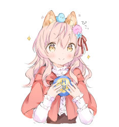 Rule 34 | &gt;:), 1girl, absurdres, animal, animal ear fluff, animal ears, animal on head, bad id, bad twitter id, bird, blue flower, bluebird, blush, brown eyes, closed mouth, commentary request, cropped torso, flower, food, frilled sleeves, frills, hair between eyes, hair flower, hair ornament, hair ribbon, highres, holding, holding food, long hair, long sleeves, on head, original, pink hair, purple flower, red ribbon, ribbon, shirt, simple background, sleeves past wrists, smile, solo, sparkle, translation request, upper body, v-shaped eyebrows, wataame27, white background, white shirt, wolf-chan (wataame27), wolf ears