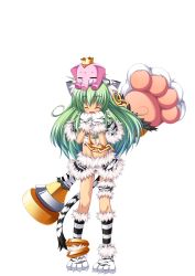 Rule 34 | 1girl, animal ears, animal hands, anklet, cat ears, chain, closed eyes, crop top, earrings, elephant, full body, gloves, green hair, highres, jewelry, koihime musou, kuwada yuuki, long hair, midriff, moukaku, navel, paw gloves, paw shoes, polearm, shoes, skirt, smile, solo, tail, transparent background, weapon