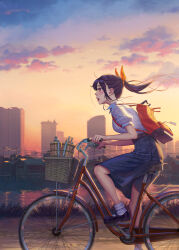 Rule 34 | 1girl, absurdres, bicycle, bicycle basket, black footwear, black hair, blue skirt, bow, building, cityscape, hair bow, highres, long hair, looking away, mary janes, open mouth, orange bow, original, outdoors, pleated skirt, ponytail, red bag, red eyes, riding, riding bicycle, school uniform, shirt, shoes, short sleeves, sinad aruatjanapat, skirt, skyscraper, socks, solo, white shirt, white socks