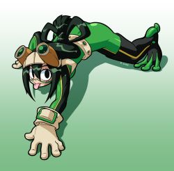 Rule 34 | 10s, 1girl, :&gt;, asui tsuyu, black eyes, bodysuit, boku no hero academia, frog girl, goggles, goggles on head, green bodysuit, hair rings, long hair, low-tied long hair, rcasedrawsstuff, solo, tongue, tongue out