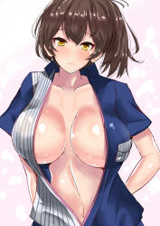 Rule 34 | 10s, 1girl, absurdres, blush, breasts, brown hair, center opening, closed mouth, collarbone, employee uniform, highres, kaga (kancolle), kantai collection, large breasts, lawson, looking at viewer, midriff, navel, sankakusui, shiny skin, short hair, short sleeves, side ponytail, solo, stomach, sweat, uniform, upper body, yellow eyes