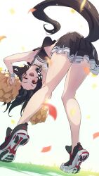 Rule 34 | 1girl, absurdres, animal ears, armpits, arms up, black footwear, black hair, black shirt, black skirt, blurry, cheerleader, commentary, confetti, depth of field, forehead, from behind, highres, holding, holding pom poms, horse ears, horse girl, horse tail, kitasan black (umamusume), leaning forward, looking at viewer, midriff, miniskirt, multicolored hair, on grass, one eye closed, open mouth, pleated skirt, pom pom (cheerleading), pom poms, red eyes, shirt, shoes, simple background, skirt, smile, solo, standing, streaked hair, sweat, tail, thighs, tiptoes, umamusume, white background, white hair, yakousei a