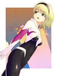 Rule 34 | 1girl, animification, blonde hair, bodysuit, breasts, commentary request, covered navel, cowboy shot, funakingyo, green eyes, gwen stacy, highres, hood, hooded bodysuit, looking back, marvel, multicolored bodysuit, multicolored clothes, short hair, small breasts, solo, spider-gwen, spider-man: into the spider-verse, spider-man (series), spider-verse, spider web print