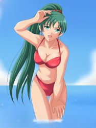 Rule 34 | 1girl, :d, alternate costume, arm up, armpits, bare arms, bare legs, bare shoulders, bikini, blue sky, breasts, cleavage, cloud, collarbone, cowboy shot, day, earrings, female focus, fire emblem, fire emblem: the blazing blade, gluteal fold, green eyes, green hair, hair ornament, hand on leg, hand on own leg, hand on own thigh, happy, high ponytail, jewelry, leaning, leaning forward, legs, long hair, looking at viewer, lyn (fire emblem), medium breasts, navel, nintendo, ocean, open mouth, outdoors, ponytail, red bikini, sentihistory, sky, smile, solo, standing, swimsuit, very long hair, wading, water