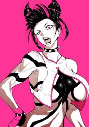 Rule 34 | 1girl, absurdres, black hair, bracelet, breasts, choker, cleavage, fukamichi ran&#039;ou, gloves, hair horns, han juri, hand on own hip, highres, jewelry, large breasts, looking at viewer, multicolored hair, pink background, purple eyes, solo, spiked bracelet, spiked choker, spikes, streaked hair, street fighter, street fighter 6, toned, tongue, tongue out