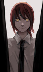 Rule 34 | 1girl, black necktie, chainsaw man, collared shirt, highres, long hair, looking at viewer, makima (chainsaw man), nakano (2 mannaka), necktie, ponytail, red hair, ringed eyes, shirt, simple background, sinister, smile, white background, white shirt, yellow eyes