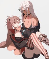 Rule 34 | 2girls, amazuki jou, azur lane, bare shoulders, body markings, breasts, brown hair, choker, cleavage, collarbone, dark-skinned female, dark skin, earrings, facial mark, finger to another&#039;s mouth, forehead mark, gloves, high ponytail, highres, jacket, jean bart (azur lane), jewelry, lap pillow, large breasts, long hair, long sleeves, massachusetts (azur lane), multicolored hair, multiple girls, native american, ponytail, red eyes, shorts, striped clothes, striped thighhighs, sweat, thighhighs, vertical-striped clothes, vertical-striped thighhighs, very long hair, white hair, yuri
