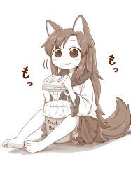 Rule 34 | 1girl, aged down, animal ears, barefoot, bloomers, brooch, commentary request, eating, feet, food, food on face, full body, imaizumi kagerou, jewelry, long hair, long sleeves, looking at viewer, monochrome, poronegi, sandwich, sitting, skirt, solo, tail, touhou, trash can, underwear, wolf ears, wolf tail