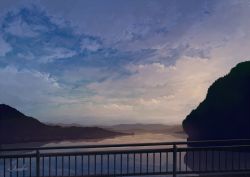 Rule 34 | alu.m (alpcmas), blurry, cloud, cloudy sky, commentary, depth of field, hill, mountainous horizon, no humans, original, outdoors, railing, river, scenery, signature, sky, sunset, water