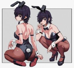 Rule 34 | 1girl, absurdres, animal ears, armband, ass, backless leotard, black bow, black bowtie, black footwear, black leotard, black pantyhose, blush, bow, bowtie, breasts, chainsaw man, cigarette, cleavage, collarbone, detached collar, eyepatch, fake animal ears, full body, high heels, highres, himeno (chainsaw man), holding, holding cigarette, kneeling, large breasts, leotard, looking at viewer, multiple views, one eye covered, pantyhose, playboy bunny, rabbit ears, rabbit tail, shiren (ourboy83), shoulder blades, slav squatting, solo, squatting, strapless, strapless leotard, tail, wrist cuffs