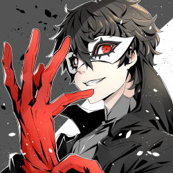 Rule 34 | 1boy, adjusting clothes, adjusting gloves, amamiya ren, black hair, black jacket, domino mask, gloves, grey shirt, grin, jacket, looking at viewer, male focus, mask, persona, persona 5, red eyes, red gloves, routo (rot 0), shirt, simple background, smile, solo