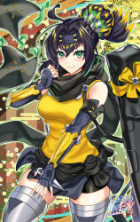 Rule 34 | 1girl, absurdres, adjusting scarf, ahoge, bare shoulders, blonde hair, brown hair, detached sleeves, duel monster, fingerless gloves, gloves, green eyes, headband, highres, holding, holding knife, knife, kunai, multicolored hair, nez-box, ponytail, s-force rappa chiyomaru, s:p little knight, scarf, signature, skindentation, skirt, solo, streaked hair, thighhighs, weapon, yu-gi-oh!