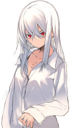 Rule 34 | 1girl, breasts, closed mouth, collarbone, collared shirt, commentary request, dress shirt, hair between eyes, highres, jewelry, long hair, long sleeves, looking at viewer, original, otokuyou, red eyes, ringo-chan (otokuyou), shirt, simple background, small breasts, solo, upper body, white background, white hair, white shirt