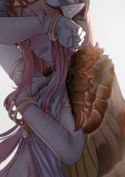Rule 34 | 1girl, absurdres, blurry, blush, bracelet, brown wings, circe (fate), clenched hands, clenched teeth, commentary request, depth of field, dress, fate/grand order, fate (series), feathered wings, from side, hand on own chest, head wings, headgear, highres, jewelry, long hair, nakasaku-p, nose blush, one eye covered, pink hair, pointy ears, sobbing, solo, tears, teeth, upper body, white background, wings, wiping tears