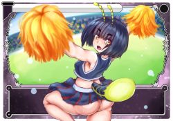Rule 34 | 1girl, antenna, ass, black hair, breasts, bug, cheerleader, firefly, heike, huge ass, bug, arthropod girl, pixiv id 3375741, pom pom (cheerleading), skindentation, skirt, small breasts, solo, sweat, thick eyebrows, thick thighs, thighs, wixoss