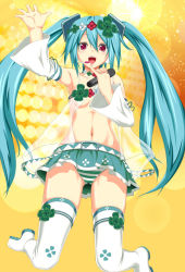Rule 34 | 1girl, bad id, bad pixiv id, clover, four-leaf clover, hair ornament, hatsune miku, long hair, microphone, navel, odaodaoaoda, panties, project diva (series), project diva 2nd, solo, striped clothes, striped panties, thighhighs, twintails, underwear, very long hair, vocaloid
