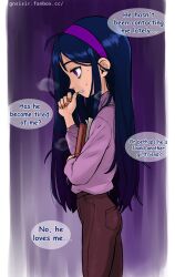 Rule 34 | absurdres, biting, black hair, book, english text, gnsisir, hairband, highres, holding, holding book, nail biting, pants, purple eyes, purple hairband, purple pants, purple sweater, sweat, sweater, the incredibles, thought bubble, turtleneck, turtleneck sweater, violet parr