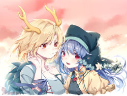 Rule 34 | 2girls, antlers, apron, arm ribbon, arm up, blonde hair, blue hair, blue shirt, blush, commentary request, dragon horns, dress, expressionless, floating hair, flower, fy fei xiao ya, gradient sky, green headwear, hand in own hair, hand on another&#039;s shoulder, haniyasushin keiki, hat, hat flower, high collar, hood, horns, jewelry, kicchou yachie, long hair, looking at another, looking at viewer, magatama, magatama necklace, multiple girls, necklace, open mouth, puffy short sleeves, puffy sleeves, red eyes, red sky, ribbon, shirt, short hair, short sleeves, sky, slit pupils, standing, swept bangs, touhou, turtle shell, upper body, very long hair, yellow dress