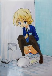 Rule 34 | 1girl, absurdres, ashigaki radar, bathroom, black neckwear, black pantyhose, blonde hair, blue eyes, blue skirt, blue sweater, braid, breasts, brown footwear, censored, clothes lift, clothes pull, darjeeling (girls und panzer), girls und panzer, highres, long sleeves, looking down, necktie, panties, panty pull, pantyhose, pantyhose pull, peeing, pussy, school uniform, shirt, shoes, skirt, skirt lift, small breasts, smile, squat toilet, squatting, sweater, toilet, toilet paper, toilet use, trash can, underwear, wall, white panties, white shirt