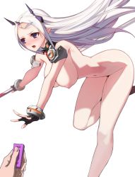 Rule 34 | 1girl, bad id, bad pixiv id, bent over, blush, breasts, closers, controller, happening18, huge breasts, levia (closers), long hair, navel, nipples, nude, open mouth, pointy ears, purple eyes, pussy juice, remote control, silver hair, simple background, solo focus