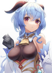 Rule 34 | 1girl, ahoge, bare shoulders, bell, black bodysuit, blue hair, blush, bodysuit, bow, breasts, cowbell, detached sleeves, ganyu (genshin impact), genshin impact, gloves, goat horns, gohei (aoi yuugure), hair bow, highres, horns, looking at viewer, medium breasts, neck bell, parted lips, red eyes, simple background, sleeveless, smile, solo, upper body, white background