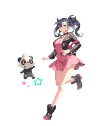 Rule 34 | 1girl, absurdres, asymmetrical bangs, backpack, bag, black choker, black footwear, black hair, black jacket, boots, breasts, choker, closed mouth, creatures (company), dress, earrings, expressionless, full body, game freak, gen 6 pokemon, green eyes, hair ribbon, highres, holding, holding poke ball, jacket, jewelry, leg up, legs, looking at viewer, marnie (pokemon), medium hair, nintendo, nolan, pancham, pendant choker, pink bag, pink dress, pink ribbon, poke ball, poke ball (basic), pokemon, pokemon (creature), pokemon swsh, ribbon, short dress, simple background, small breasts, star (symbol), thighs, twintails, two side up, v-shaped eyebrows, white background