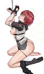 Rule 34 | 1girl, absurdres, arknights, ass, bad id, bad pixiv id, black gloves, black panties, black socks, blush, bound, bound wrists, breasts, chain, clothes pull, commentary request, exusiai (arknights), feet, fingerless gloves, from side, full body, gloves, halo, highres, iuui, jacket, kneehighs, kneeling, legs, unworn legwear, looking at viewer, looking to the side, medium breasts, nipples, open mouth, orange eyes, panties, panty pull, pantyhose, pantyhose pull, red hair, short hair, short sleeves, single kneehigh, single sock, socks, soles, solo, thighs, toes, torn clothes, underwear, white background, wings