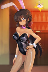 Rule 34 | 1girl, absurdres, animal ears, artist self-insert, bar (place), black hair, black leotard, black pantyhose, blue eyes, blurry, blurry background, blush, bow, bowtie, breasts, cleavage cutout, clothing cutout, commentary, covered navel, dark-skinned female, dark skin, fake animal ears, fake tail, fishnet pantyhose, fishnets, frown, girls und panzer, hair bow, hair over one eye, hand on own hip, hand on own thigh, highres, indoors, jinguu (4839ms), large breasts, leotard, long hair, looking at viewer, ogin (girls und panzer), pantyhose, pink bow, pink bowtie, playboy bunny, ponytail, rabbit, rabbit ears, rabbit tail, red bow, red bowtie, solo, standing, star (symbol), strapless, strapless leotard, sweatdrop, tail, wrist cuffs