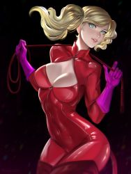 Rule 34 | 10s, 1girl, absurdres, artist name, blonde hair, blue eyes, bodysuit, boots, breasts, cat tail, cleavage cutout, clothing cutout, full-length zipper, gloves, highres, lips, long hair, looking at viewer, parted lips, persona, persona 5, purple gloves, ragecndy, red bodysuit, skin tight, swept bangs, tail, takamaki anne, thigh boots, thighhighs, twintails, unfinished, wavy hair, zipper