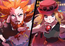 Rule 34 | 1boy, 1girl, absurdres, bare arms, blush, commentary request, creatures (company), eyewear on headwear, facial hair, fingerless gloves, game freak, gloves, grey eyes, hand up, hat, highres, holding, holding poke ball, looking at viewer, lysandre (pokemon), nintendo, open mouth, orange hair, pleated skirt, poke ball, poke ball (basic), pokemon, pokemon xy, pon yui, red skirt, serena (pokemon), skirt, split screen, sunglasses, sweat, teeth, tongue
