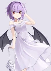 Rule 34 | 1girl, akisome hatsuka, alternate costume, arm behind head, bare shoulders, bat wings, breasts, closed mouth, closed umbrella, commentary request, crossed bangs, dress, fang, hair between eyes, leaning on object, pointy ears, purple hair, red eyes, remilia scarlet, short hair, simple background, small breasts, solo, touhou, umbrella, white dress, wings