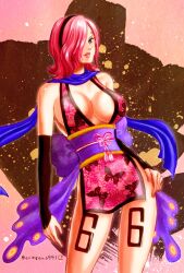 Rule 34 | 1girl, alternate costume, artist name, bare shoulders, black hairband, blue scarf, breasts, commentary request, curly eyebrows, hair over one eye, hairband, highres, large breasts, leg tattoo, looking at viewer, number tattoo, one eye covered, one piece, oregano551, pink hair, scarf, short hair, solo, tattoo, vinsmoke reiju