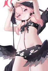 Rule 34 | 1girl, arms up, bare arms, bare shoulders, bikini, black bikini, black bow, blue archive, blush, bow, closed mouth, floral print, hair bow, hair ornament, halo, head wings, highres, koharu (blue archive), koharu (swimsuit) (blue archive), liu liaoliao, looking at viewer, looking down, low wings, navel, pink eyes, pink hair, simple background, solo, stomach, swimsuit, thighs, white background, wings