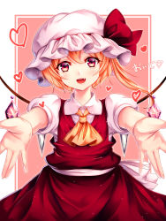 Rule 34 | 1girl, bad id, bad pixiv id, blonde hair, blush, chiyu (kumataro0x0), flandre scarlet, hat, heart, highres, looking at viewer, mob cap, open mouth, puffy short sleeves, puffy sleeves, red eyes, short hair, short sleeves, smile, solo, touhou, upper body