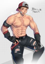 Rule 34 | 1boy, abs, as (as21 00), bandaid, bandaid on cheek, bandaid on face, bara, baseball cap, belt, beom liben, black belt, black gloves, black hair, black pants, english text, fingerless gloves, gloves, hat, highres, large pectorals, male focus, muscular, muscular male, navel, nipples, original, pants, pectorals, second-party source, short hair, sitting, solo, topless male, translation request