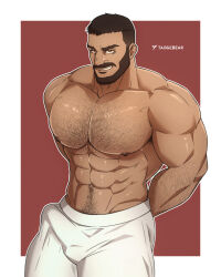 Rule 34 | 1boy, abs, arms behind back, artist name, bara, beard, black hair, bulge, castlevania: nocturne, castlevania (series), chest hair, erection, erection under clothes, facial hair, large pectorals, male focus, mizrak (castlevania), muscular, muscular male, navel, navel hair, nipples, pants, pectorals, short hair, smile, solo, taogebear, white pants