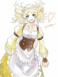 Rule 34 | 1girl, apron, blonde hair, blue eyes, breasts, corset, cowboy shot, dress, fire emblem, fire emblem awakening, frills, hair ornament, heart, lissa (fire emblem), looking at viewer, medium breasts, nintendo, open mouth, parted bangs, simple background, sketch, smile, solo, twintails, tyotto ko i, white background