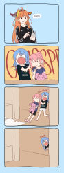 Rule 34 | 3girls, 4koma, :o, absurdres, adidas, ahoge, anemachi, blue hair, bow, cellphone, comic, covering own ears, diagonal-striped bow, doukyo&#039;s, dragon girl, dragon horns, english text, hair down, highres, hololive, horn bow, horn ornament, horns, hoshimachi suisei, jaw drop, kiryu coco, long hair, meme, multicolored hair, multiple girls, open mouth, orange hair, parody, phone, pink hair, ponytail, profanity, ruby says fuck (meme), shirt, shorts, siblings, sisters, slippers, smartphone, streaked hair, t-shirt, track suit, tsukino (nakajimaseiki), virtual youtuber