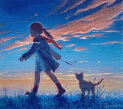 Rule 34 | 1girl, boots, brown hair, cat, cat teaser, child, cloud, coat, commentary request, full body, grass, highres, long hair, oil painting (medium), original, outdoors, painting (medium), ponytail, profile, red scarf, ringodrawing, scarf, sky, solo, traditional media, twilight, walking